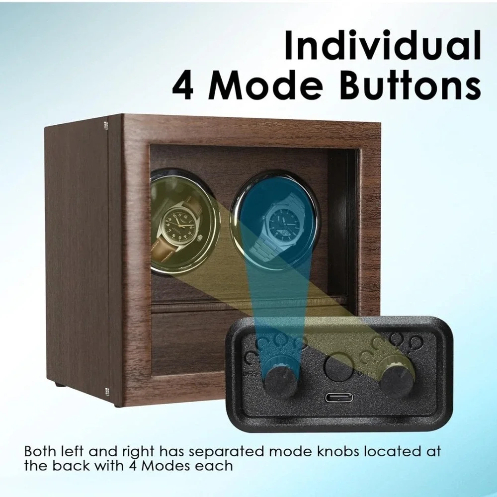 Double Automatic Watch Winder Jewelry Box Walnut Wood Rechargeable Dual Rotator